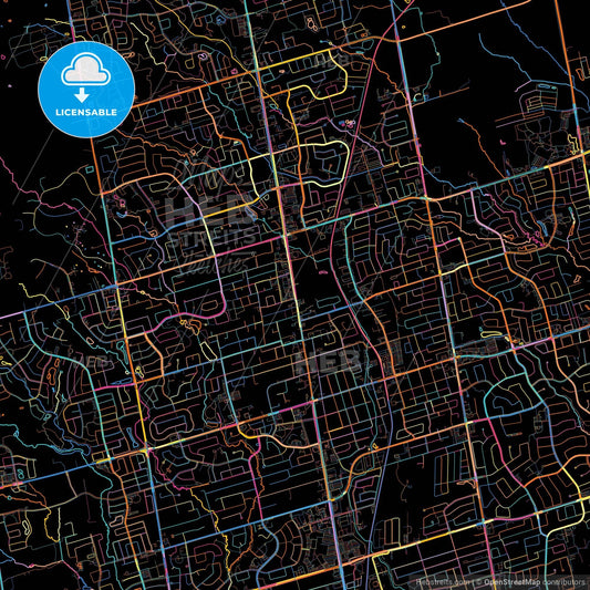 Richmond Hill, Ontario, Canada, colorful city map on black background