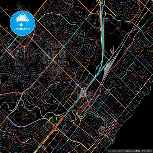 Oakville, Ontario, Canada, colorful city map on black background