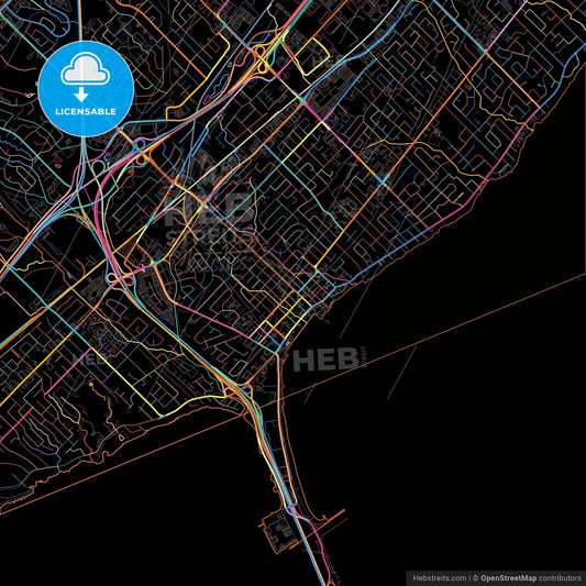 Burlington, Ontario, Canada, colorful city map on black background