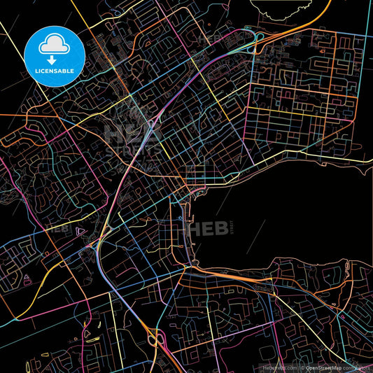 Barrie, Ontario, Canada, colorful city map on black background