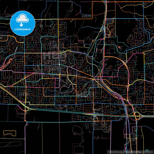 Abbotsford, British Columbia, Canada, colorful city map on black background
