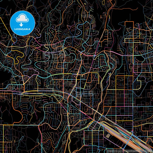 Coquitlam, British Columbia, Canada, colorful city map on black background