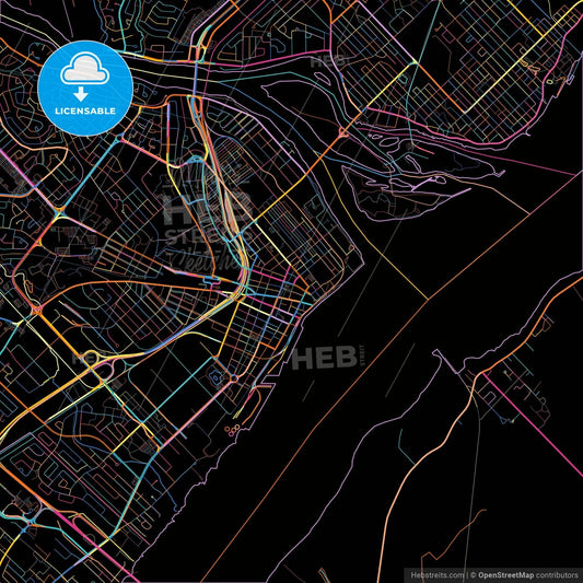 Trois-Rivières, Quebec, Canada, colorful city map on black background