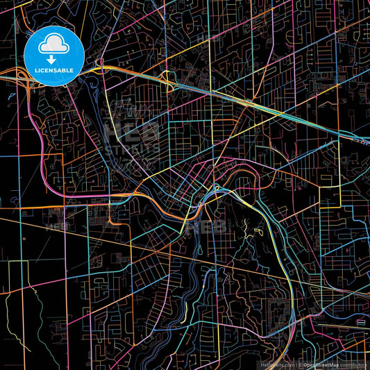 St. Catharines, Ontario, Canada, colorful city map on black background