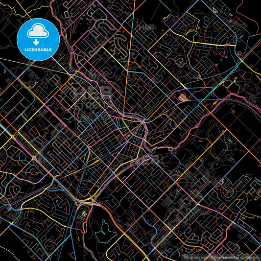 Guelph, Ontario, Canada, colorful city map on black background