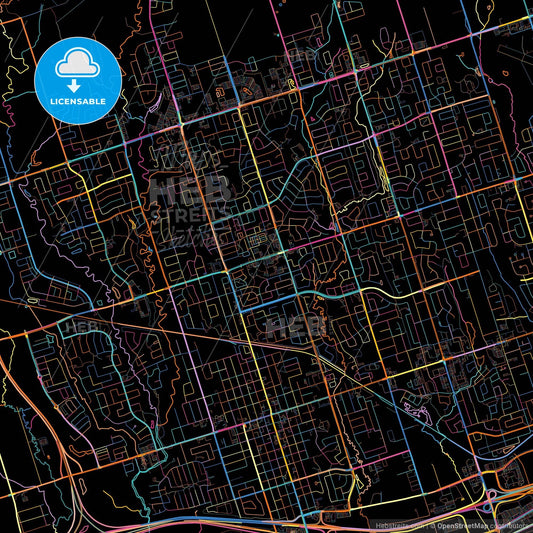 Whitby, Ontario, Canada, colorful city map on black background