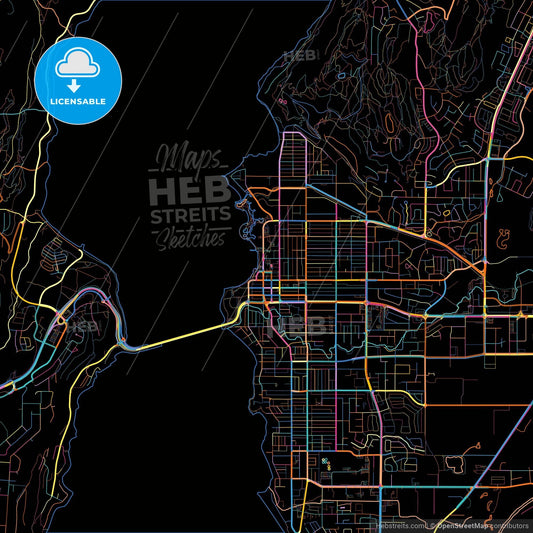 Kelowna, British Columbia, Canada, colorful city map on black background