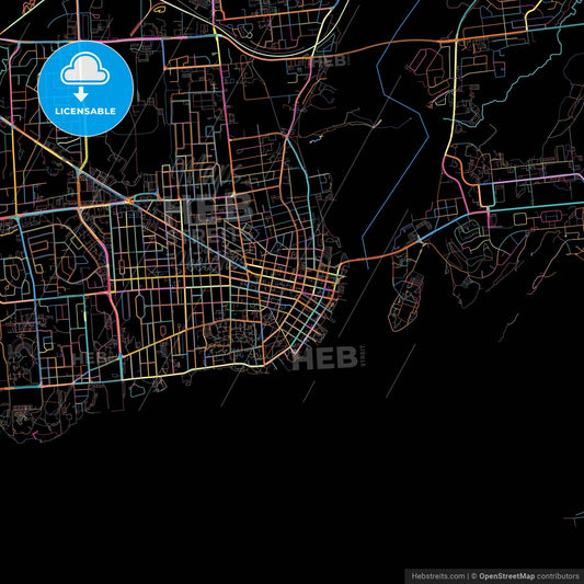 Kingston, Ontario, Canada, colorful city map on black background