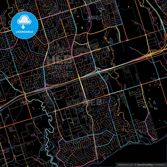 Ajax, Ontario, Canada, colorful city map on black background