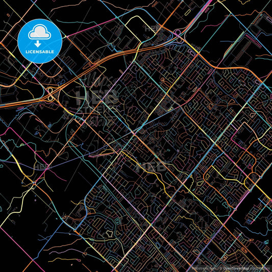Milton, Ontario, Canada, colorful city map on black background