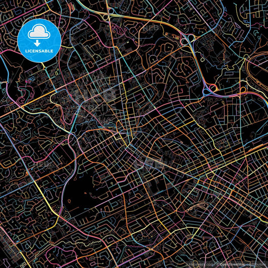 Waterloo, Ontario, Canada, colorful city map on black background