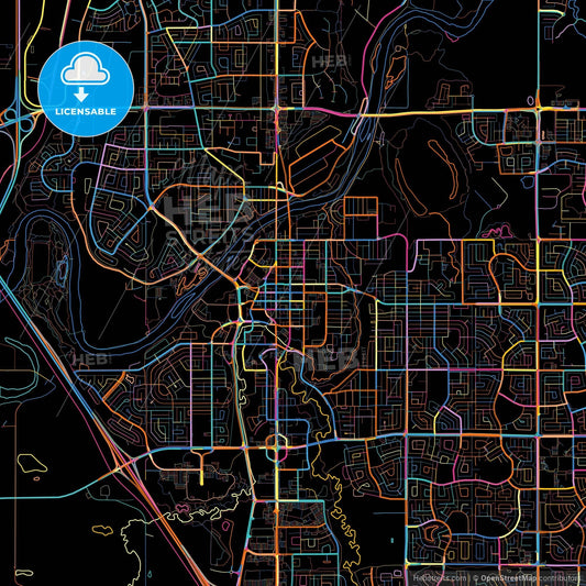 Red Deer, Alberta, Canada, colorful city map on black background