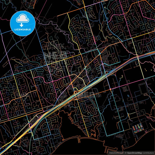 Pickering, Ontario, Canada, colorful city map on black background