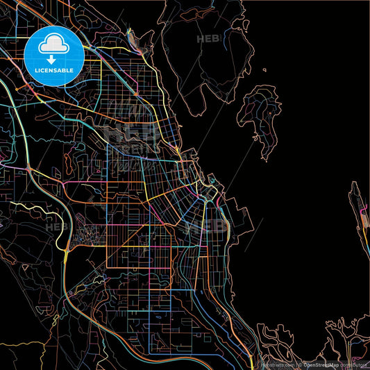 Nanaimo, British Columbia, Canada, colorful city map on black background