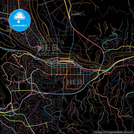 Kamloops, British Columbia, Canada, colorful city map on black background