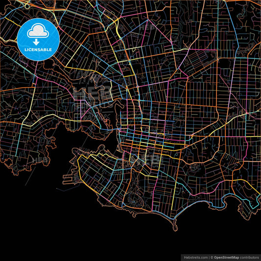 Victoria, British Columbia, Canada, colorful city map on black background