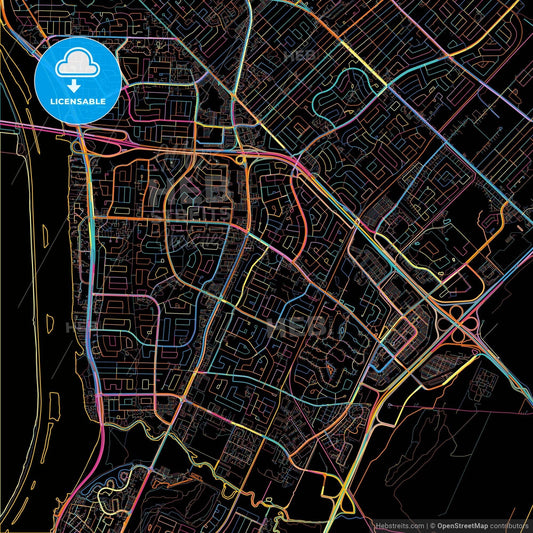 Brossard, Quebec, Canada, colorful city map on black background