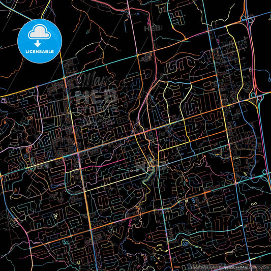 Newmarket, Ontario, Canada, colorful city map on black background