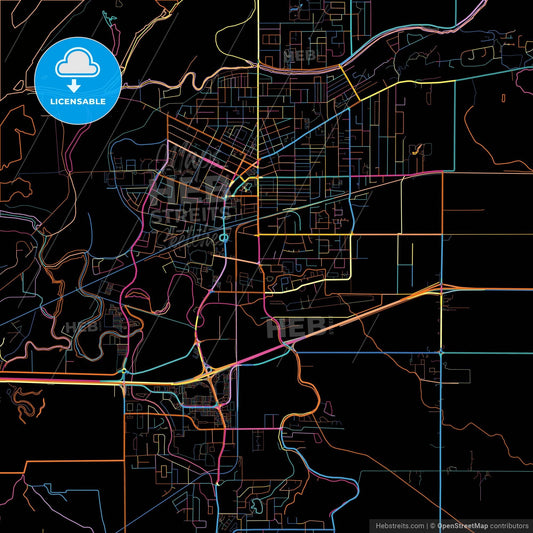 Chilliwack, British Columbia, Canada, colorful city map on black background