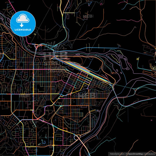 Prince George, British Columbia, Canada, colorful city map on black background