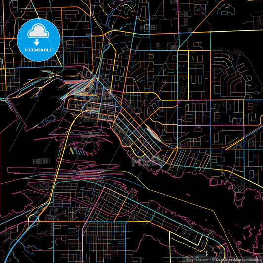 Sault Ste. Marie, Ontario, Canada, colorful city map on black background