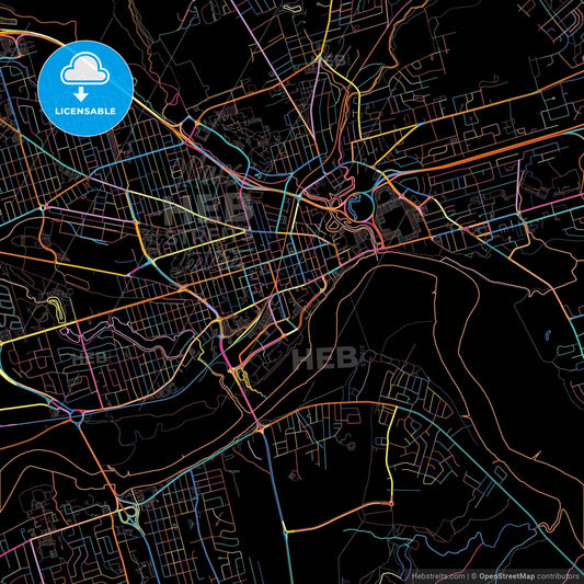 Moncton, New Brunswick, Canada, colorful city map on black background