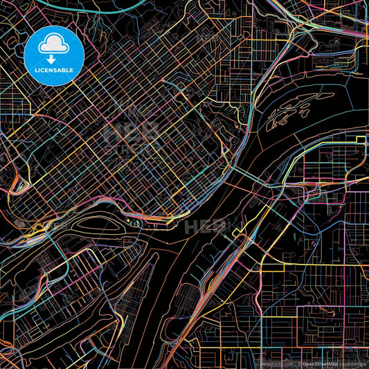 New Westminster, British Columbia, Canada, colorful city map on black background