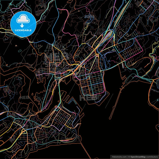 Saint John, New Brunswick, Canada, colorful city map on black background