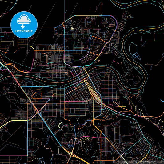Medicine Hat, Alberta, Canada, colorful city map on black background