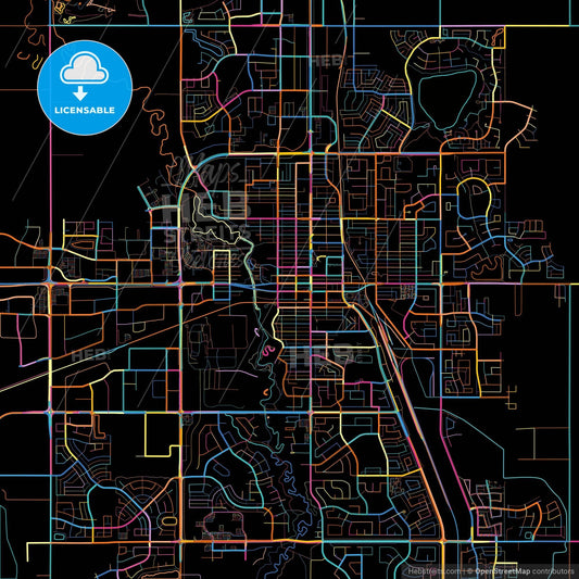 Grande Prairie, Alberta, Canada, colorful city map on black background
