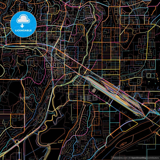 Port Coquitlam, British Columbia, Canada, colorful city map on black background