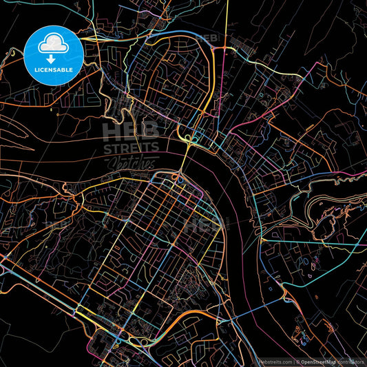 Fredericton, New Brunswick, Canada, colorful city map on black background