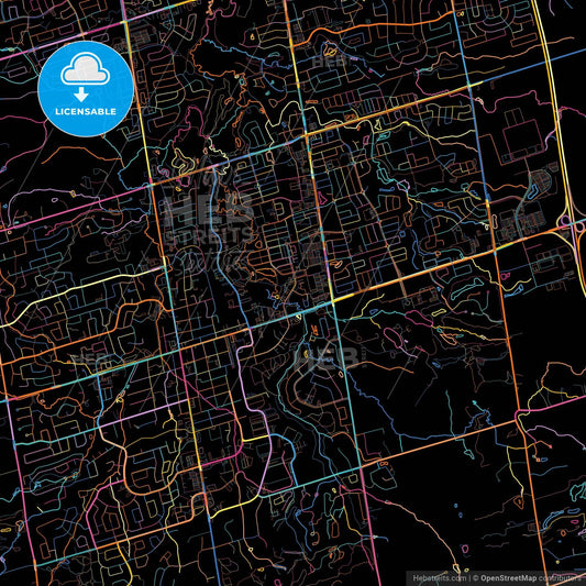 Aurora, Ontario, Canada, colorful city map on black background