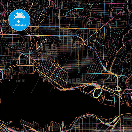 North Vancouver, British Columbia, Canada, colorful city map on black background