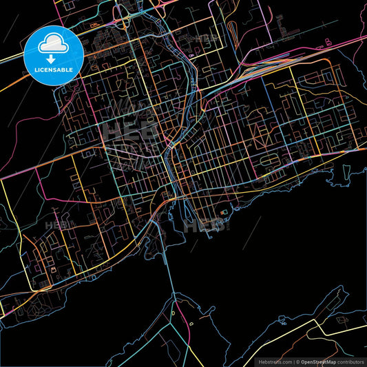 Belleville, Ontario, Canada, colorful city map on black background
