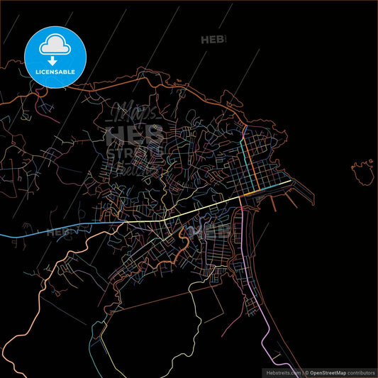 Limón, Limón, Costa Rica, colorful city map on black background