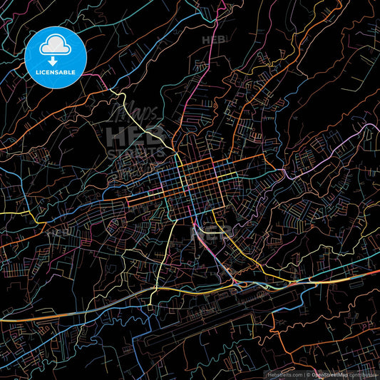 Alajuela, Alajuela, Costa Rica, colorful city map on black background