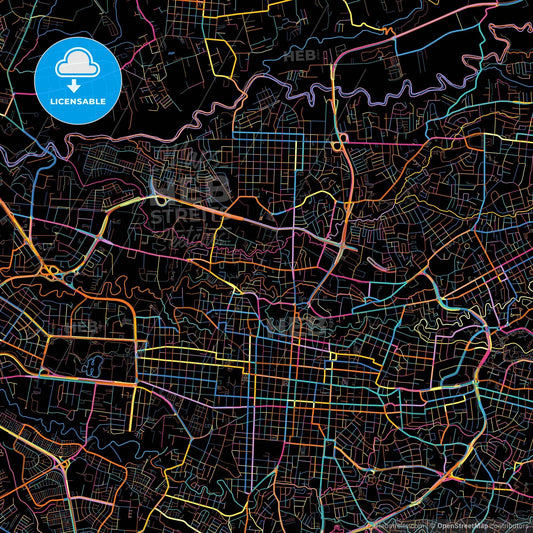 Cinco Esquinas, San José, Costa Rica, colorful city map on black background