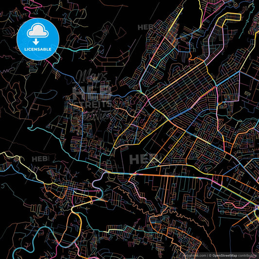 Mixco, Guatemala, Guatemala, colorful city map on black background
