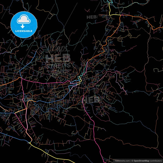 Huehuetenango, Huehuetenango, Guatemala, colorful city map on black background