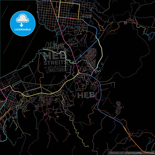 Puerto Barrios, Izabal, Guatemala, colorful city map on black background