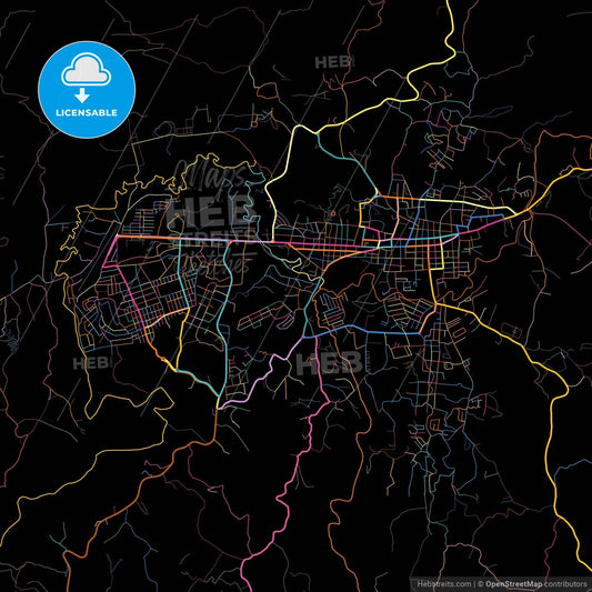 Cobán, Alta Verapaz, Guatemala, colorful city map on black background