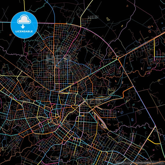 Camagüey, Camagüey, Cuba, colorful city map on black background