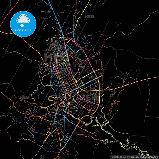 Sancti Spíritus, Sancti Spíritus, Cuba, colorful city map on black background
