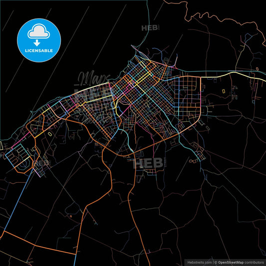 Manzanillo, Granma, Cuba, colorful city map on black background