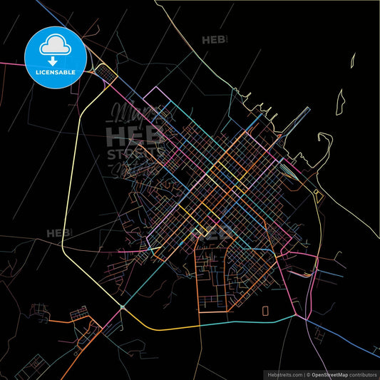 Cárdenas, Matanzas, Cuba, colorful city map on black background