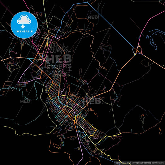Palma Soriano, Santiago de Cuba, Cuba, colorful city map on black background