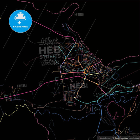 Moa, Holguín, Cuba, colorful city map on black background