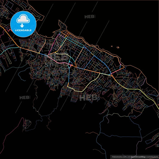 Puerto Plata, Puerto Plata, Dominican Republic, colorful city map on black background