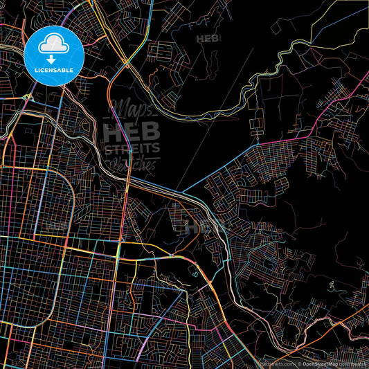 San Pedro Sula, Cortés, Honduras, colorful city map on black background